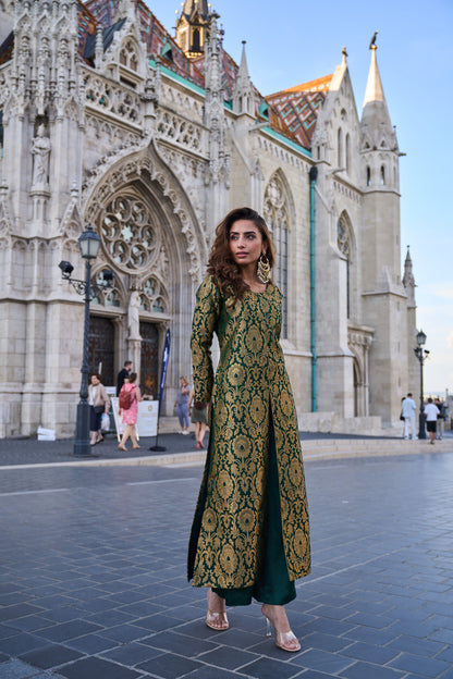 Bottle Green Brocade Jacket With Straight Pants