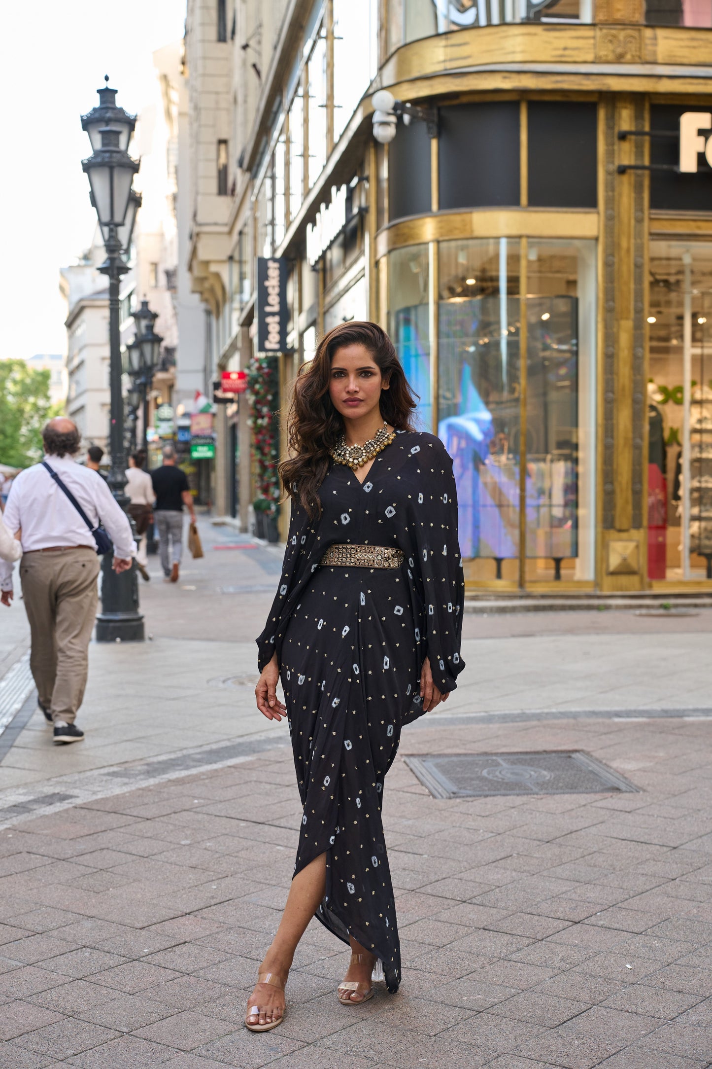 Black Chinon Batik Midi Dress With Belt