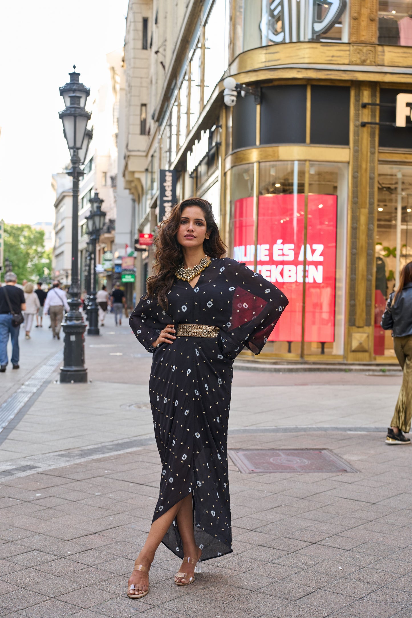 Black Chinon Batik Midi Dress With Belt