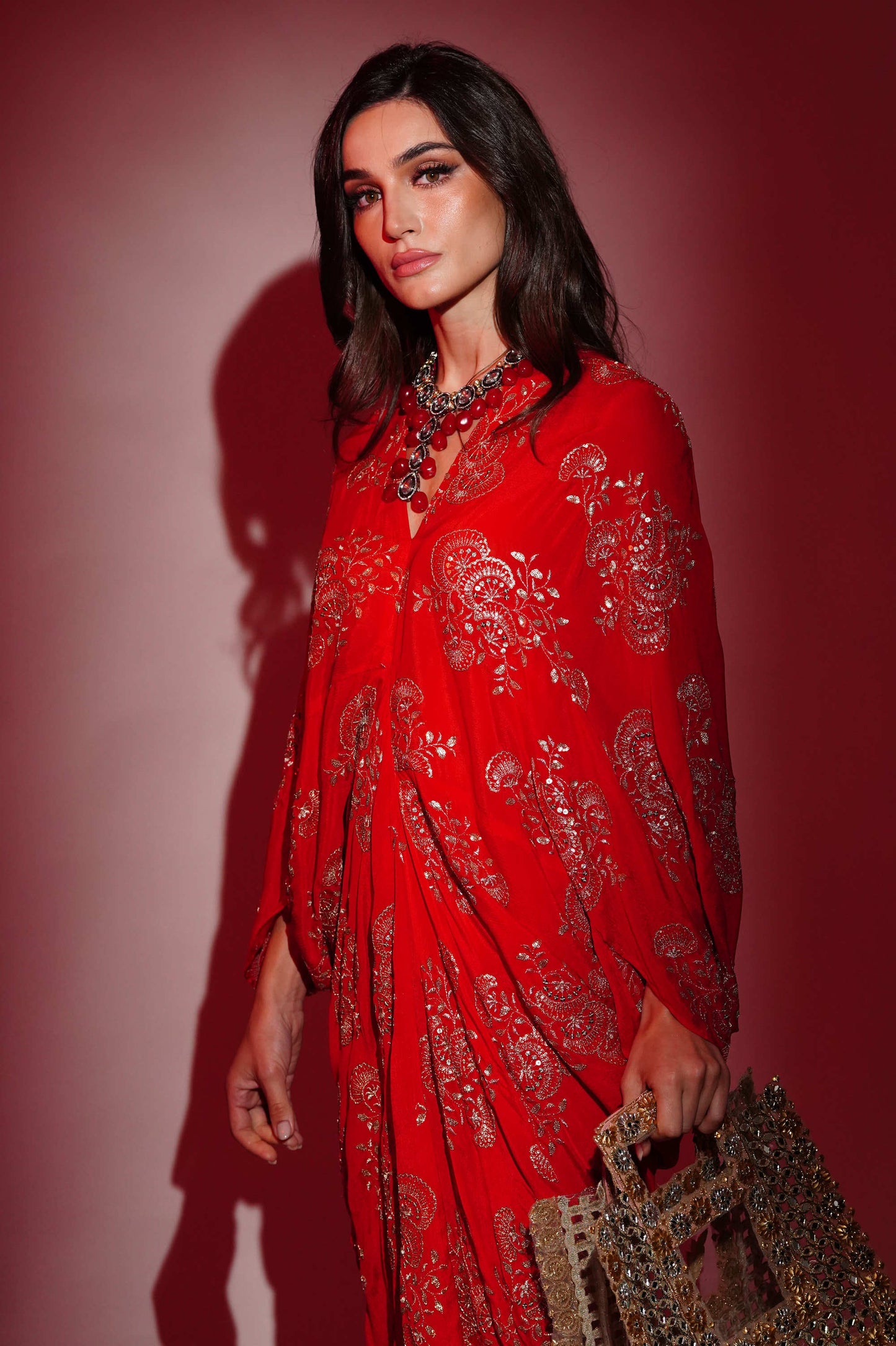 Red Chinon Embroidered Midi Dress