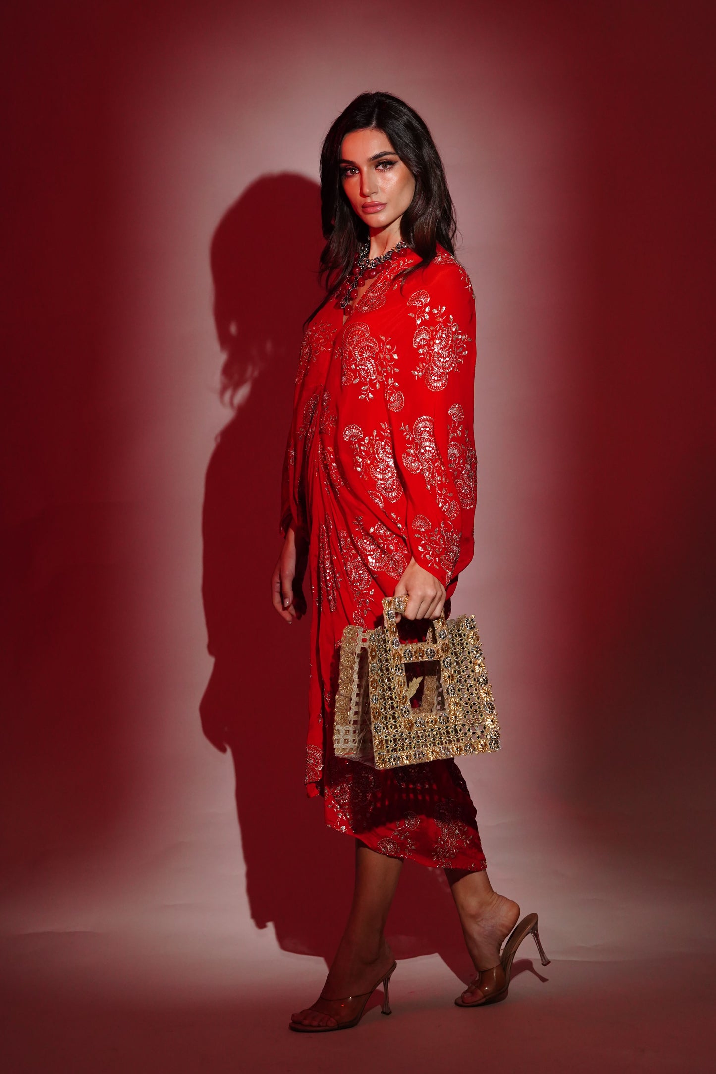 Red Chinon Embroidered Midi Dress