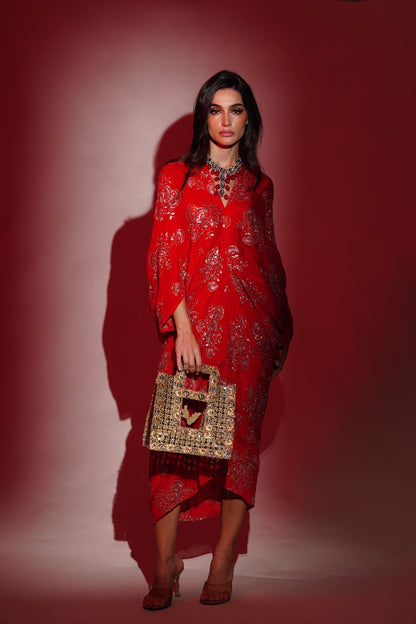 Red Chinon Embroidered Midi Dress