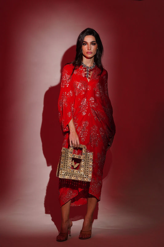Red Chinon Embroidered Midi Dress