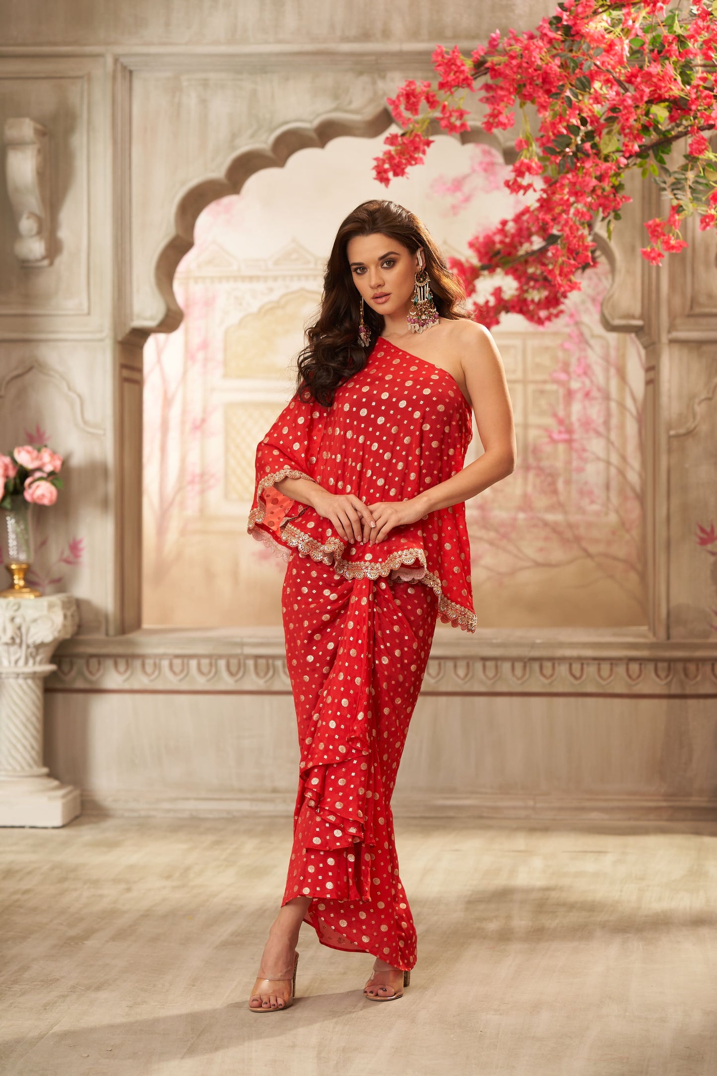 Red Chinon One Shoulder Top With Front Pleated Skirt