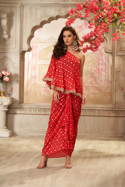 Red Chinon One Shoulder Top With Front Pleated Skirt