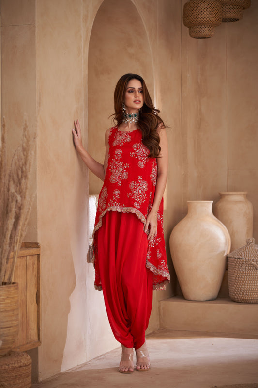 Red Chinon & Modal Satin Embroidered Co-Ord Set