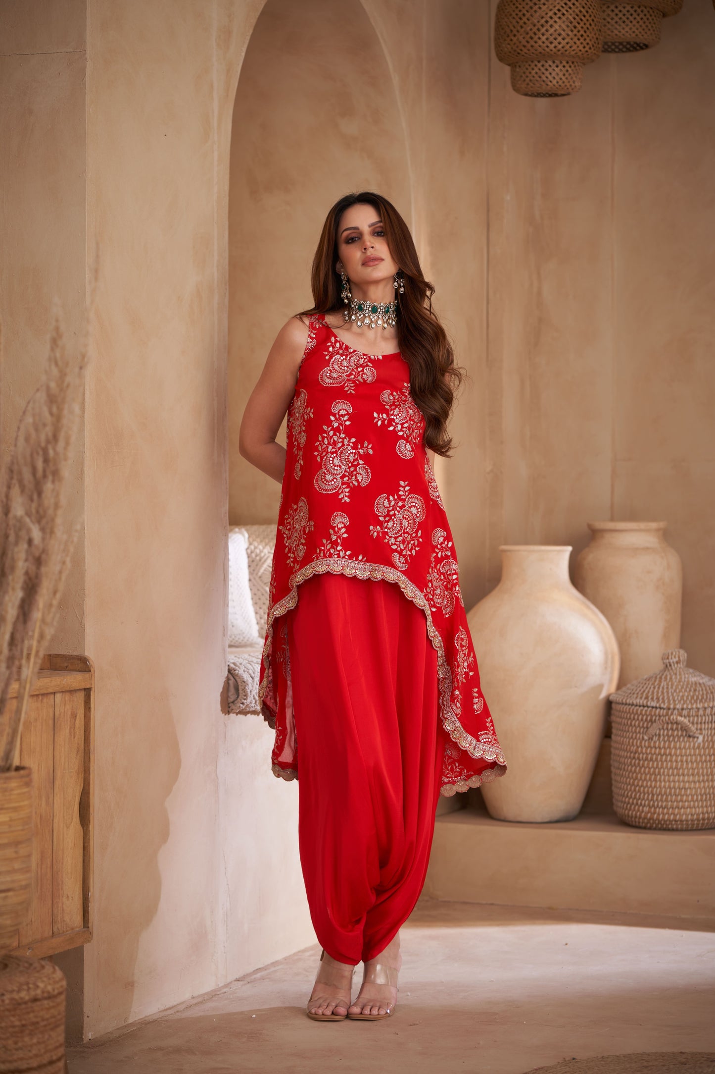 Red Chinon & Modal Satin Embroidered Co-Ord Set