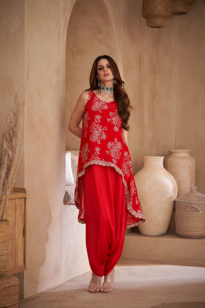 Red Chinon & Modal Satin Embroidered Co-Ord Set