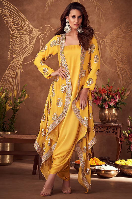 Yellow Georgette & Silk Embroidered Jacket With Jumper