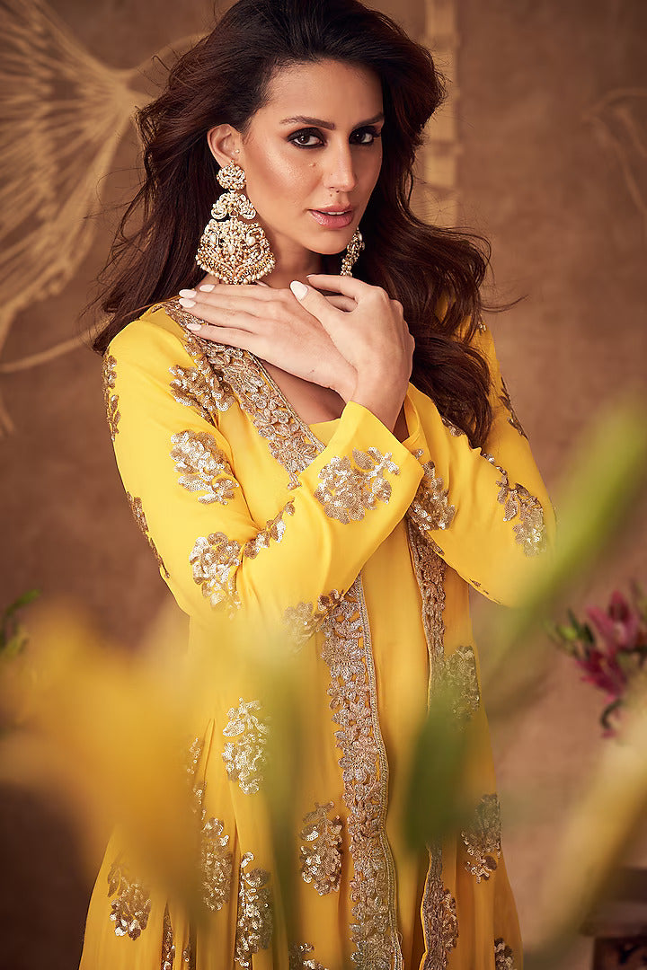 Yellow Georgette & Silk Embroidered Jacket With Jumper