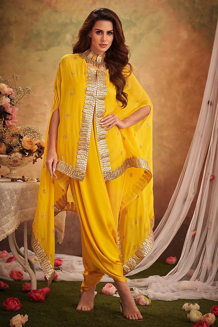 Yellow Georgette Lace & Boota Embroidered Cape With Jumper