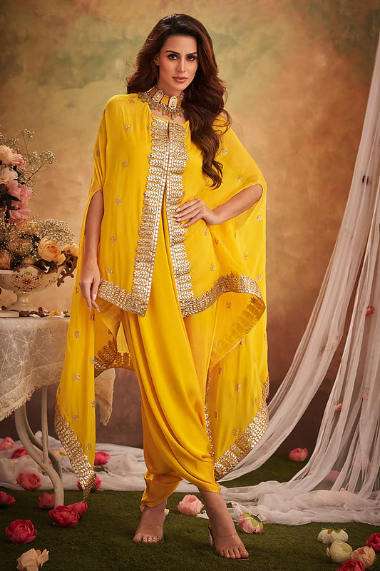 Yellow Georgette Lace & Boota Embroidered Cape With Jumper