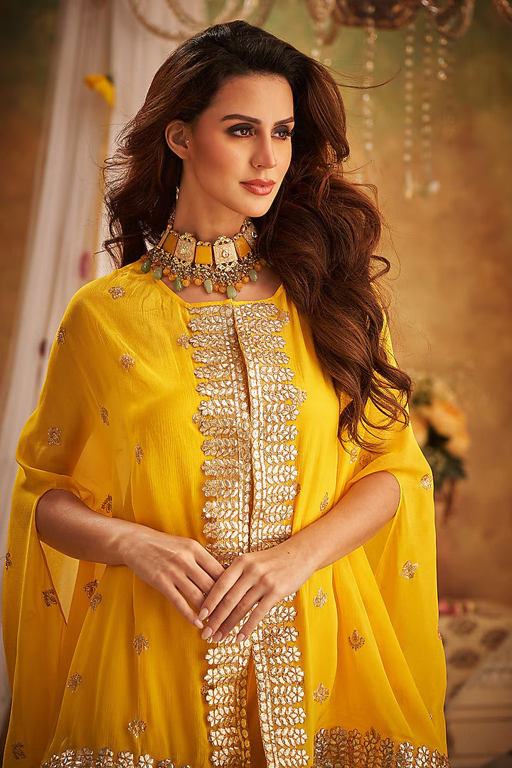 Yellow Georgette Lace & Boota Embroidered Cape With Jumper