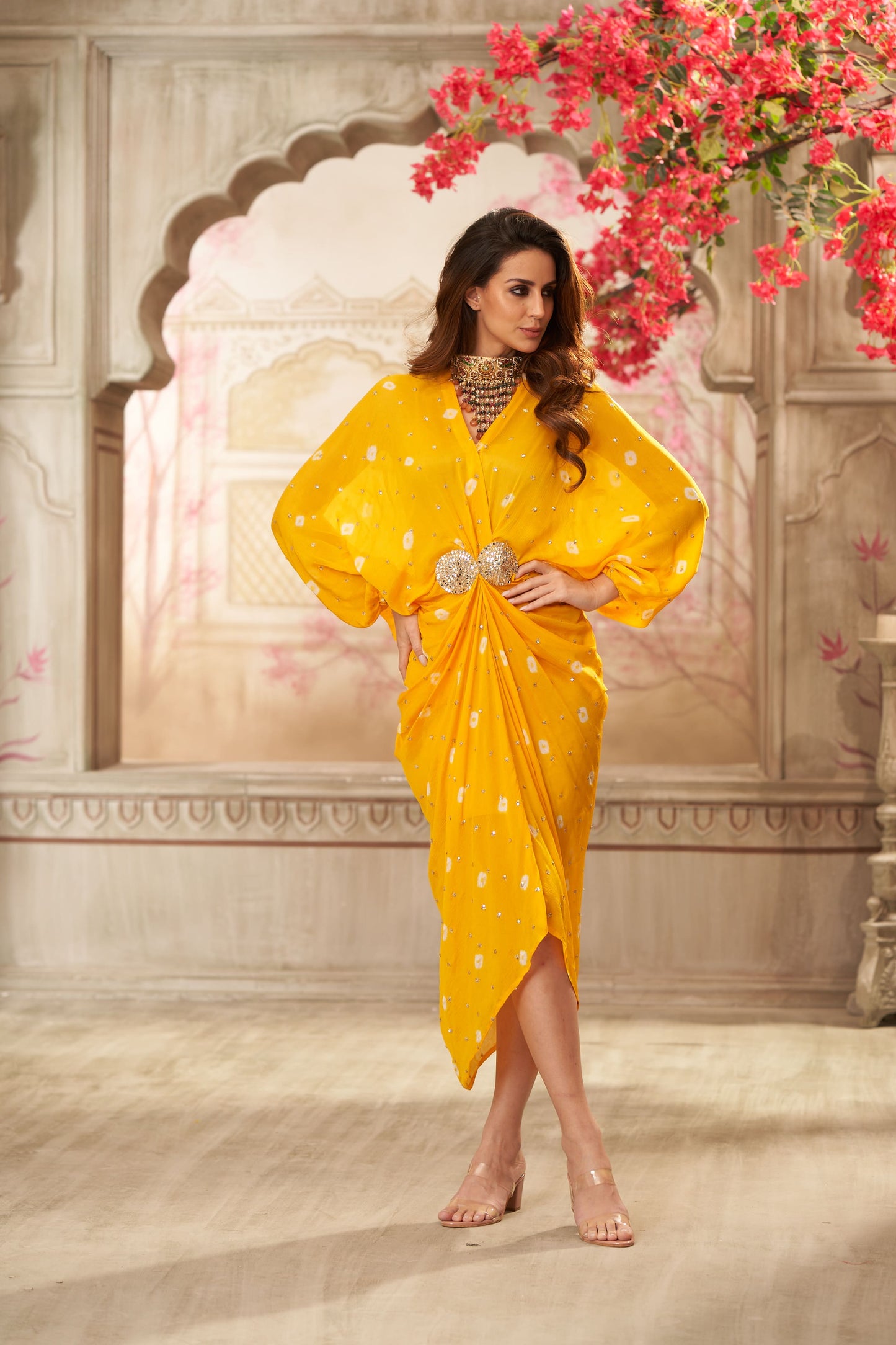 Yellow Chinon Pleated Batik Midi Dress