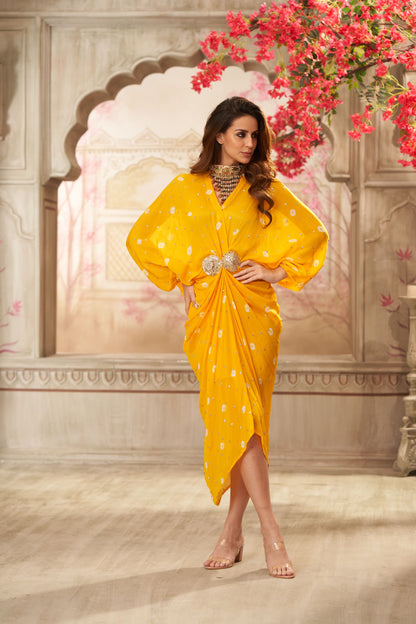 Yellow Chinon Pleated Batik Midi Dress