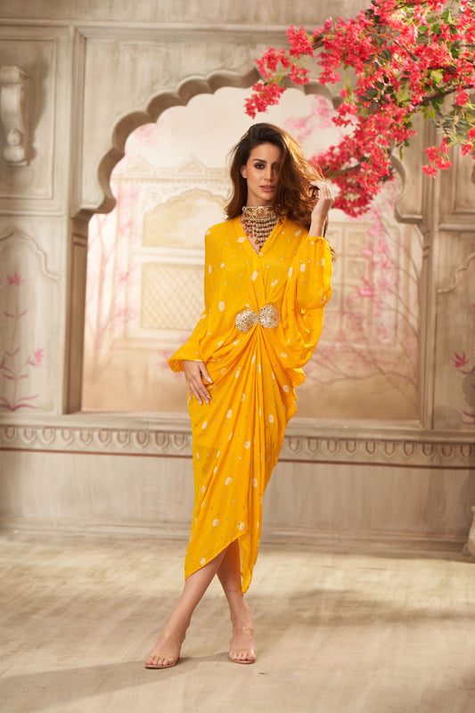 Yellow Chinon Pleated Batik Midi Dress
