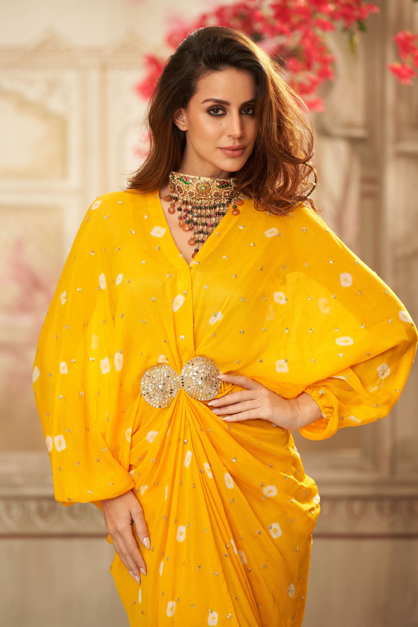 Yellow Chinon Pleated Batik Midi Dress