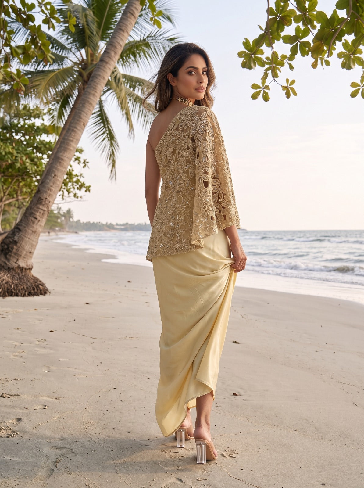 Ivory Champagne Beaded One Shoulder Cape Set
