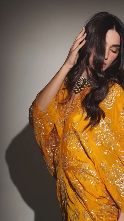 Mustard Chinon Embroidered Midi Dress