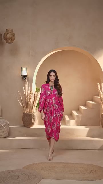 Pink Chinon Embroidered Midi Dress