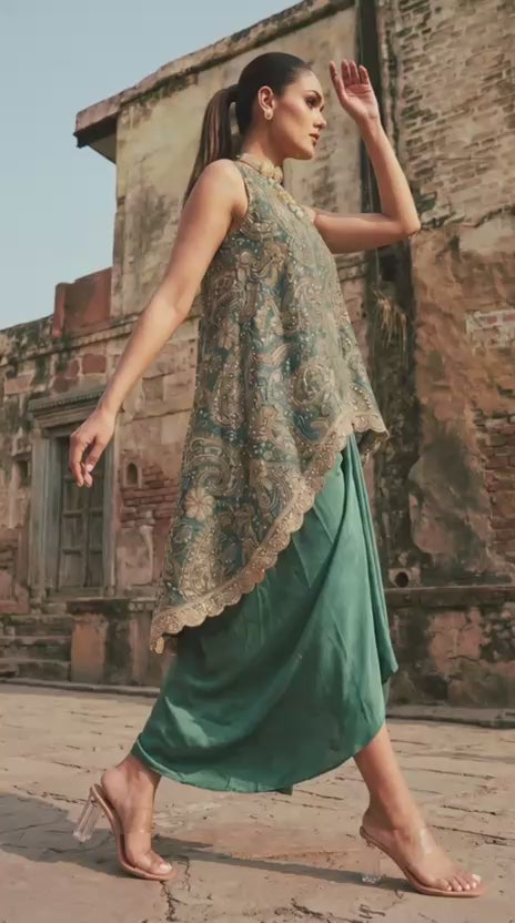 Sea Green Printed & Embroidered High Low Top With Front Pleated Skirt