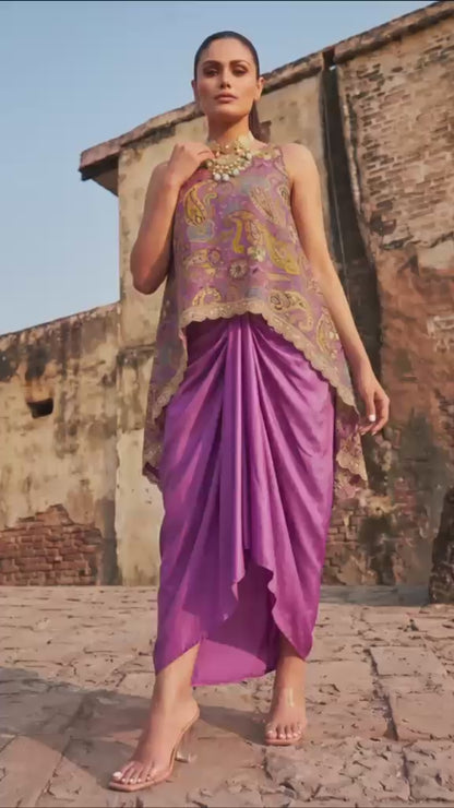 Lilac Printed & Embroidered High Low Top With Front Pleated Skirt