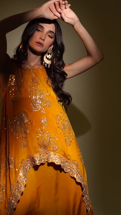Mustard Chinon & Modal Satin Embroidered Co-Ord Set