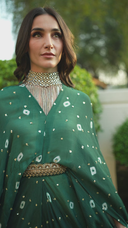 Bottle Green Chinon Batik Midi Dress With Belt